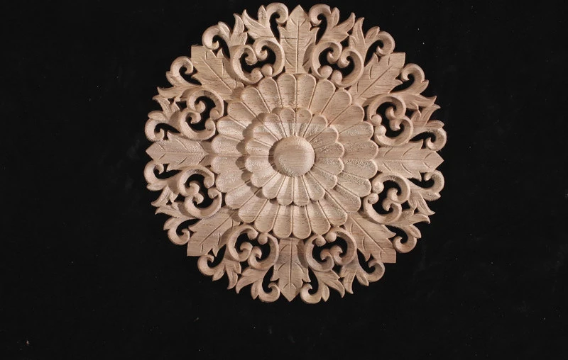 Solid Wood Carved Wooden Flower Round Flower Applique