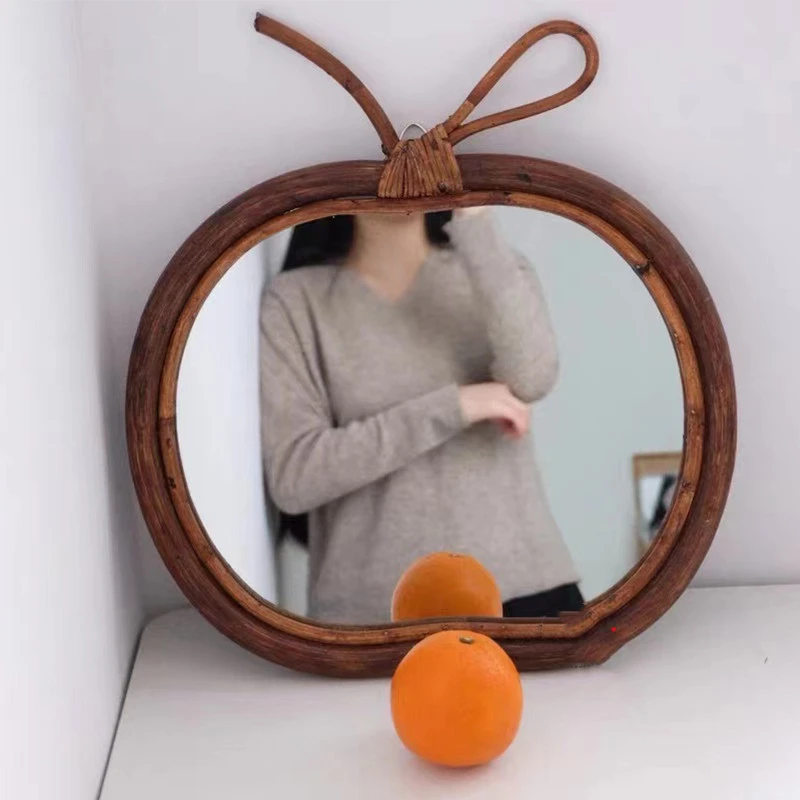 Handmade Rattan Retro Round Mirror Apple Mirror Household Make-up Mirror Wall Hanging Porch Decoration