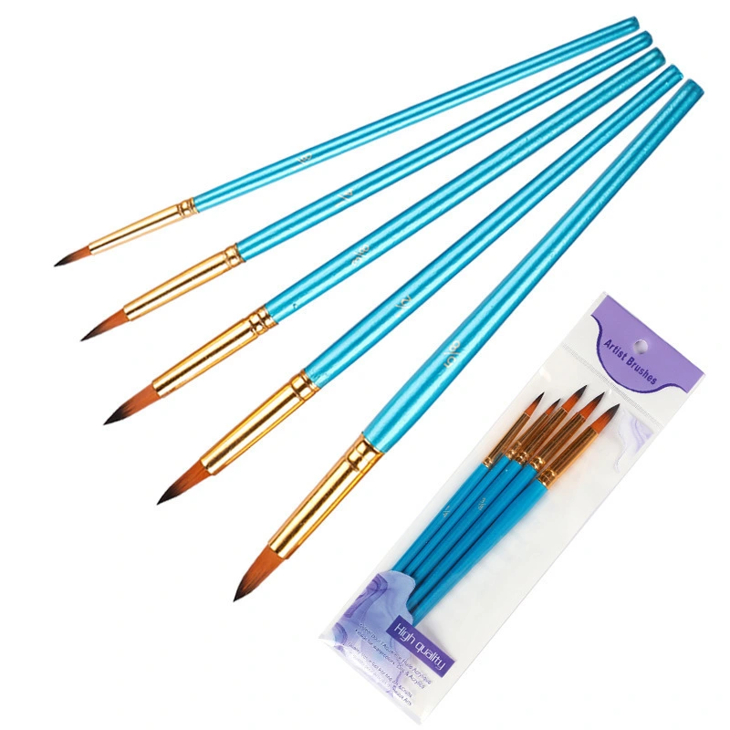 Set Of 5 Pointed Blue-rod Nylon Hair Gouache Brushes