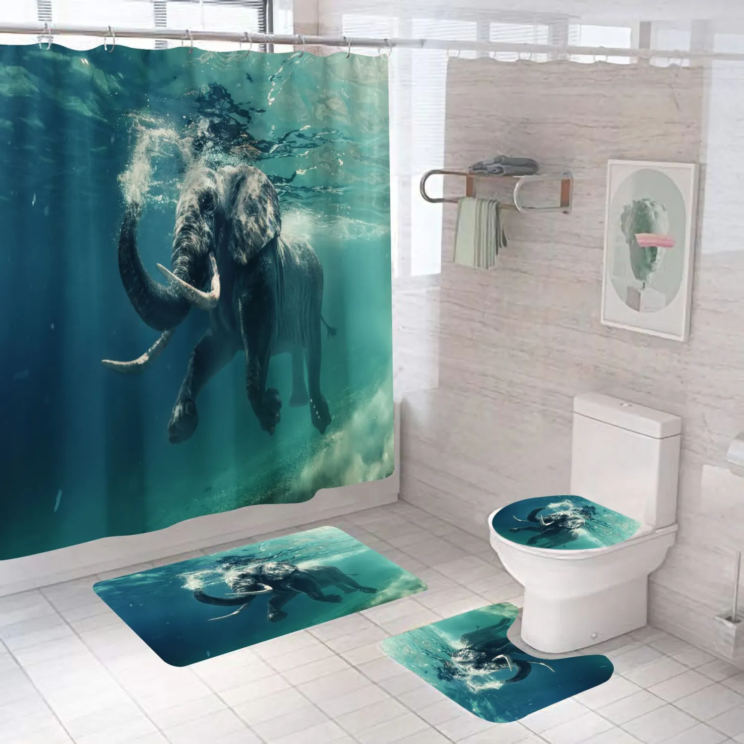 Manufacturers Sell Underwater World Series Waterproof Shower Cloth Digital Printing Bathroom Shower Curtain Four Sets Wholesale