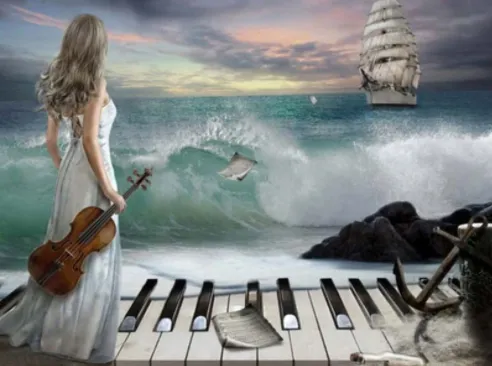 Diamond Embroidery Girl Playing Piano & Sea Diy Diamond Painting Round