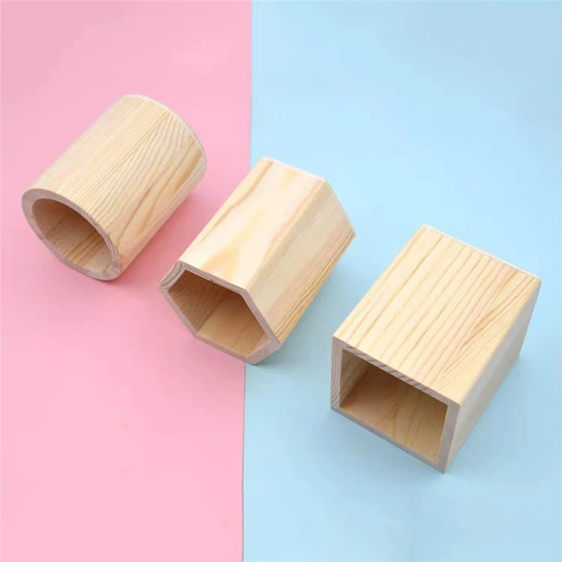 Handmade Lesson Snow Mud Painted Wooden Hexagonal Round Pen Holder