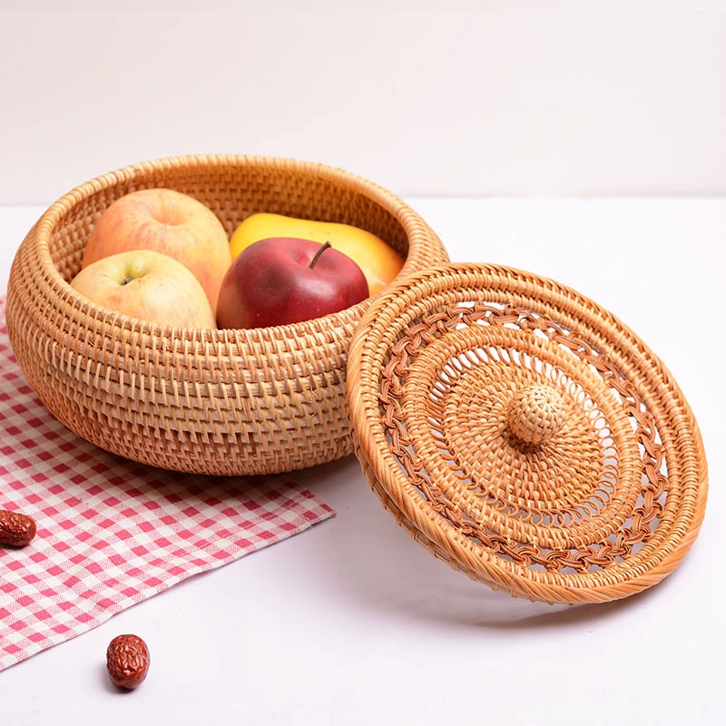 Woven Rattan Braided Fruit Plate With Cover For Household Use