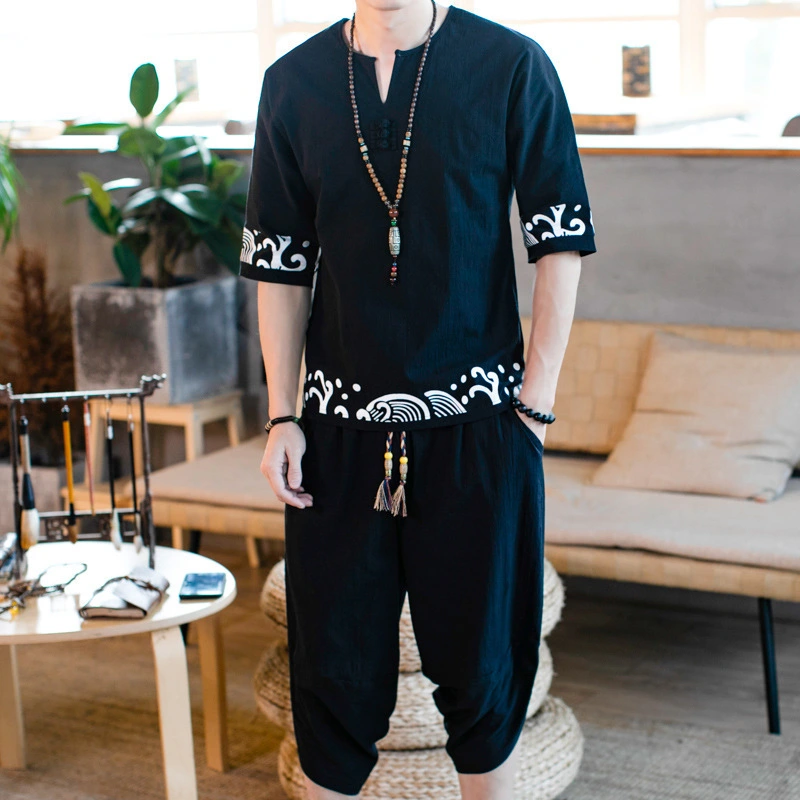 Cotton And Linen Suit Chinese Style Short-sleeved T-shirt Two-piece Men's Suit