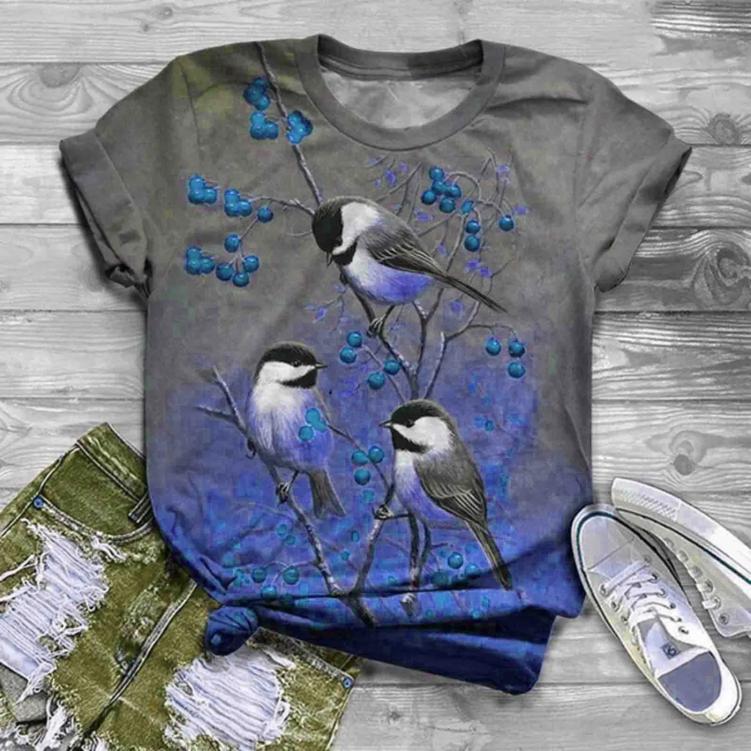 Casual Gray Flower And Bird Print Round Neck Loose Fashion T-Shirt