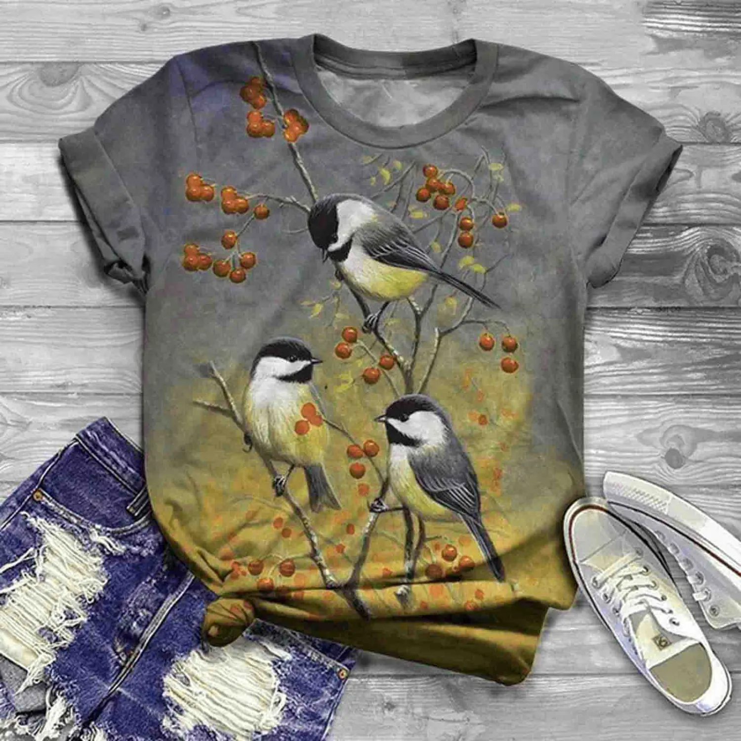 Casual Gray Flower And Bird Print Round Neck Loose Fashion T-Shirt