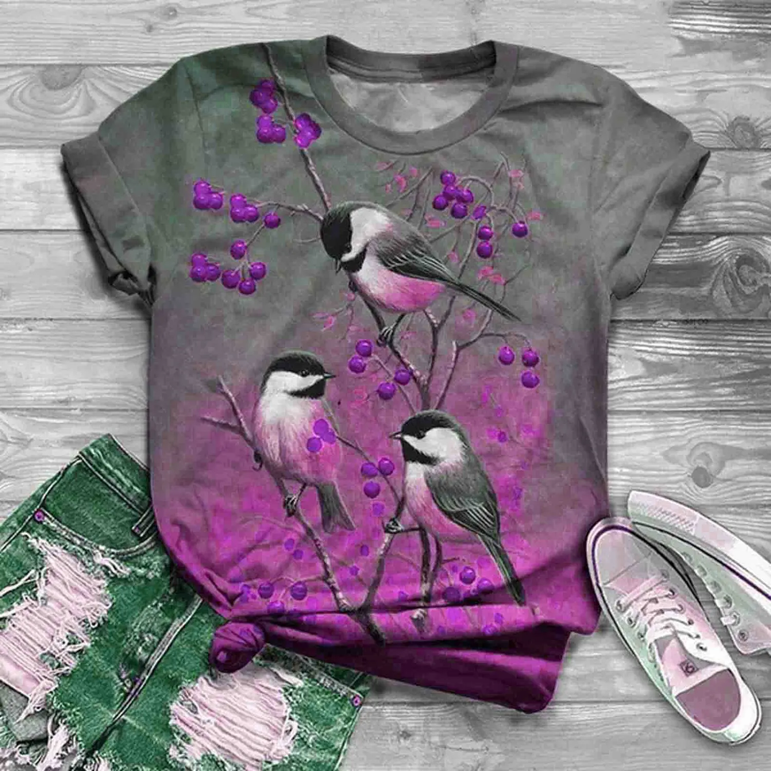 Casual Gray Flower And Bird Print Round Neck Loose Fashion T-Shirt