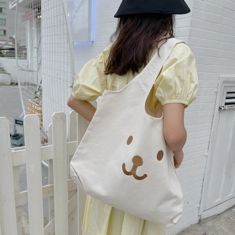 Cute Embroidery Bear Large-capacity Art Class Hand-carry Single-shoulder Canvas Bag