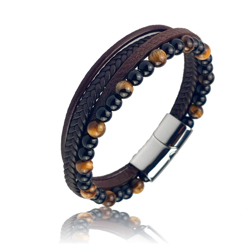 Men's Bead Leather Bracelet Tiger Eye Woven Leather Bead Bracelet