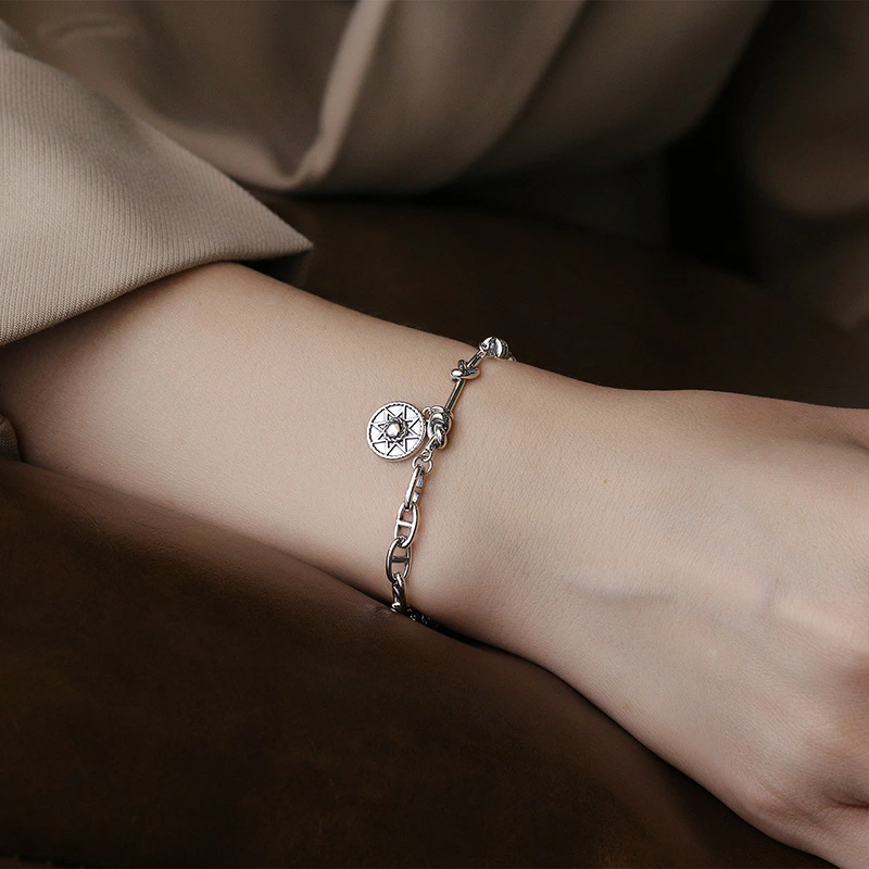 Eight-pointed Star Bracelet With Asymmetric Chain In Sterling Silver