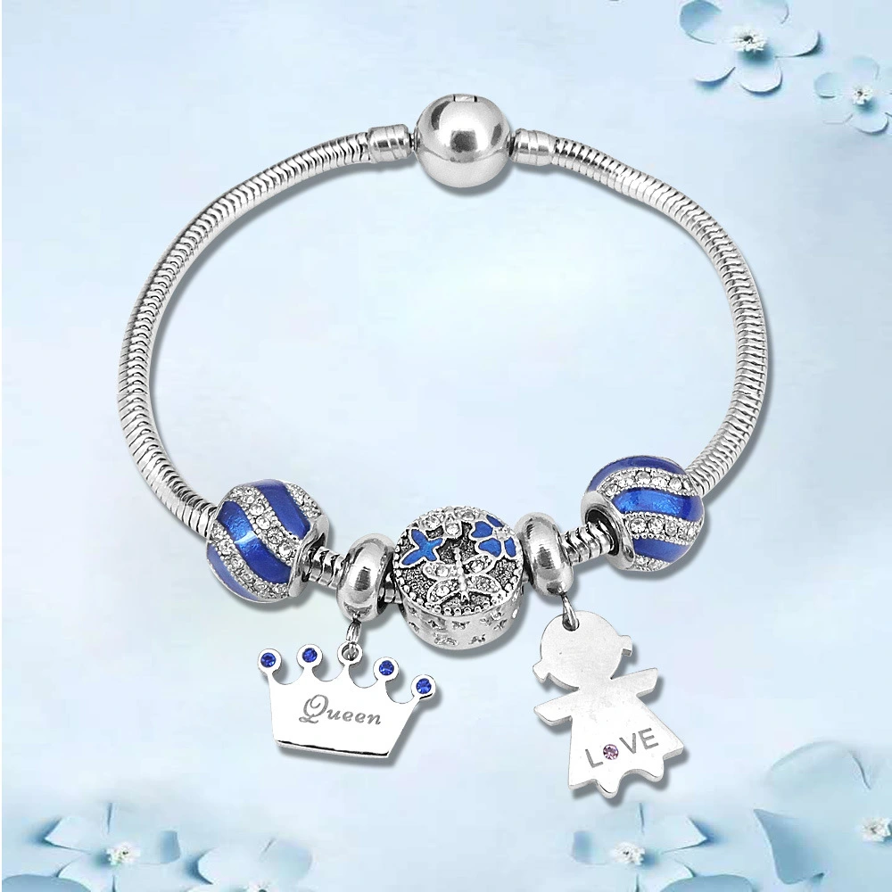 Panjia Blue Starry Sky Stainless Steel Bracelet Christmas Snowflake Girl Pendant Bracelet DIY Glass Beads