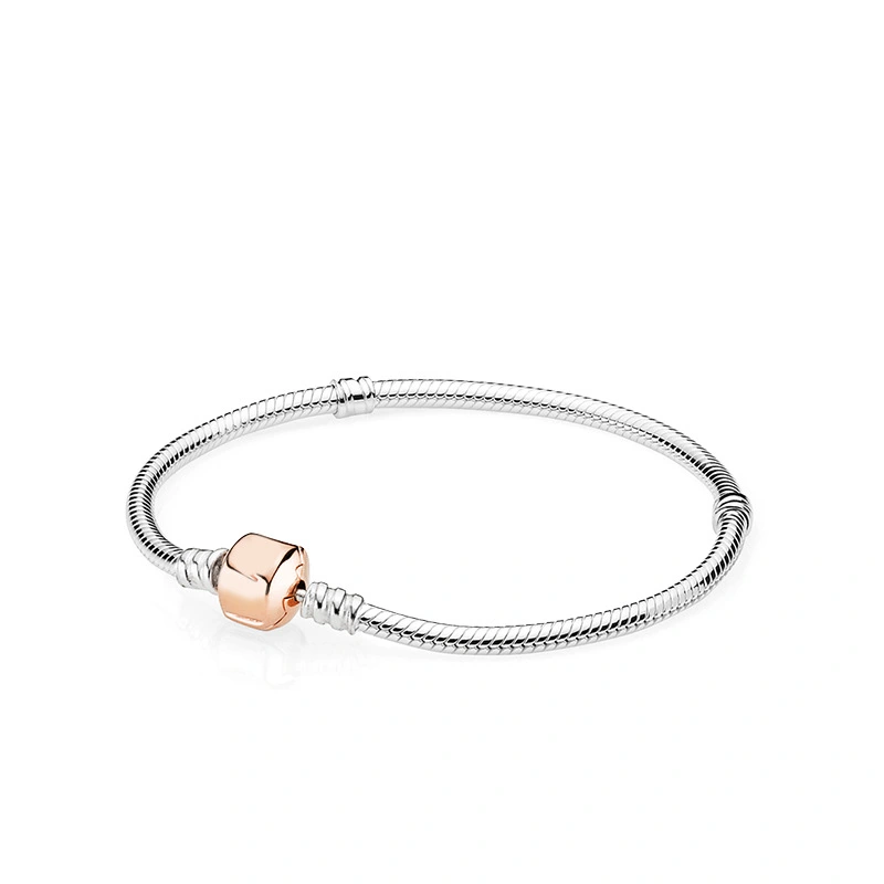 Snake Bone Chain With Rose Gold Buckle In Sterling Silver