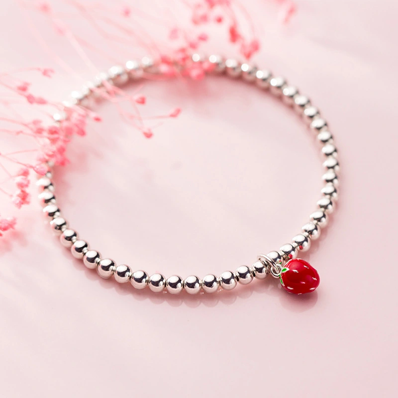 S925 Silver Fashion Korean Lacquer Strawberry Pendant Silver Bead Bracelet Women