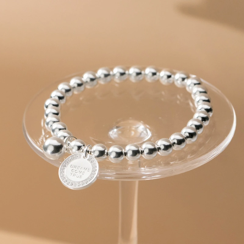 925 Silver Fashion Sweet Inlaid Round Medal Bead Bracelet