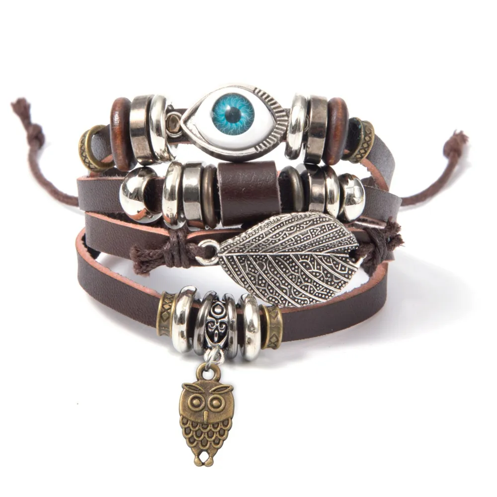 Punk Style Leaf Eyes Hand Rope Combination Metal Owl Bracelet