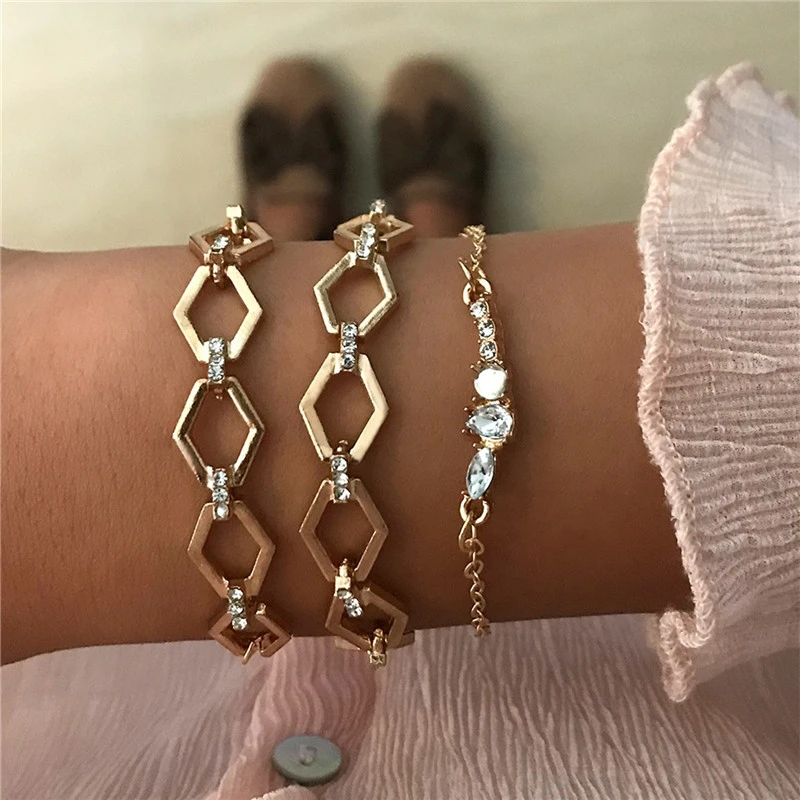 Diamond-studded Geometric Rhombus Chain Bracelet Set