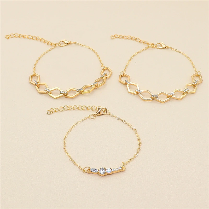 Diamond-studded Geometric Rhombus Chain Bracelet Set