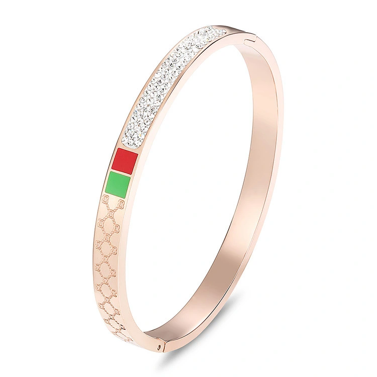 Rose Gold Plated Titanium Steel Bracelet With Red And Green Diamonds