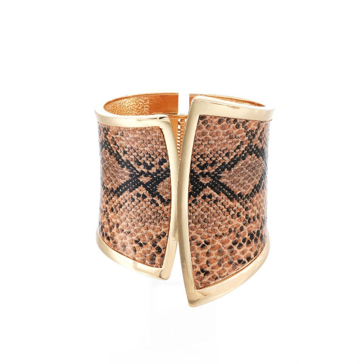 Snakeskin Patch Leather Bracelet Asymmetrical Wide Edge