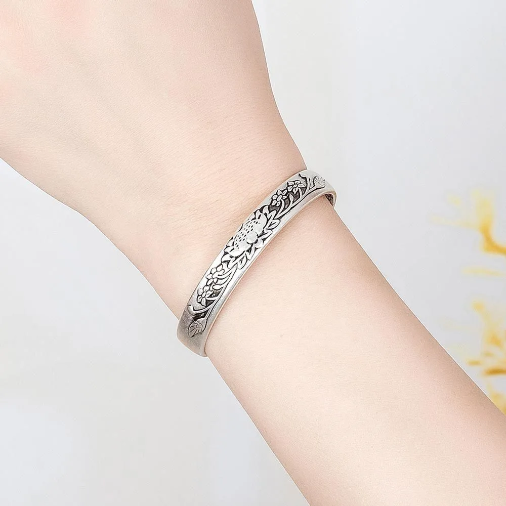 Matte Black Lotus Leaf Vintage Thai Silver Bracelet Female Demeanor Zen