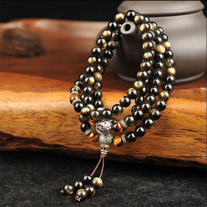 Natural Gold Obsidian Bracelet 108 Buddha Beads With Tibetan Silver Round Beads