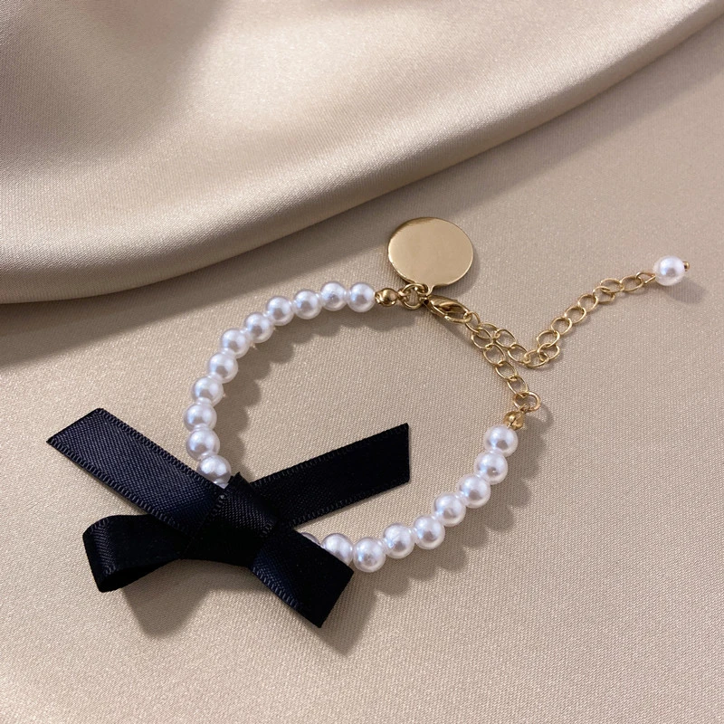 Elegant Black Color Bow Wafer Freshwater Pearl Bracelet Round Letter Grace Bracelet For Women Girls Party Jewelry