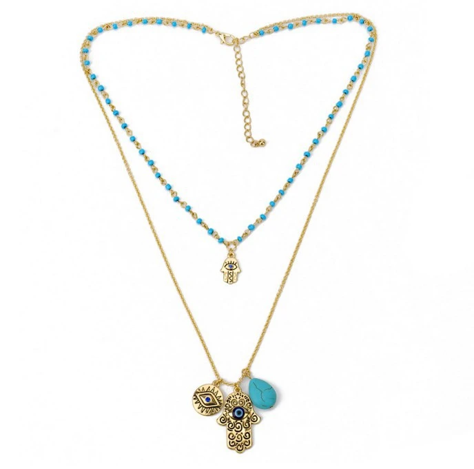 Bohemian Double Layer Rice Beads Turquoise Fatima Palm Necklace Sweater Chain