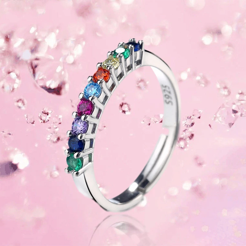 Sterling Silver Inlaid Colorful Zircon Ring Female Fashion Temperament
