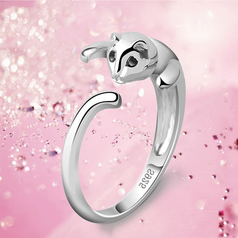 S925 Sterling Silver Ring Cat Couple Ring Female Tail Ring