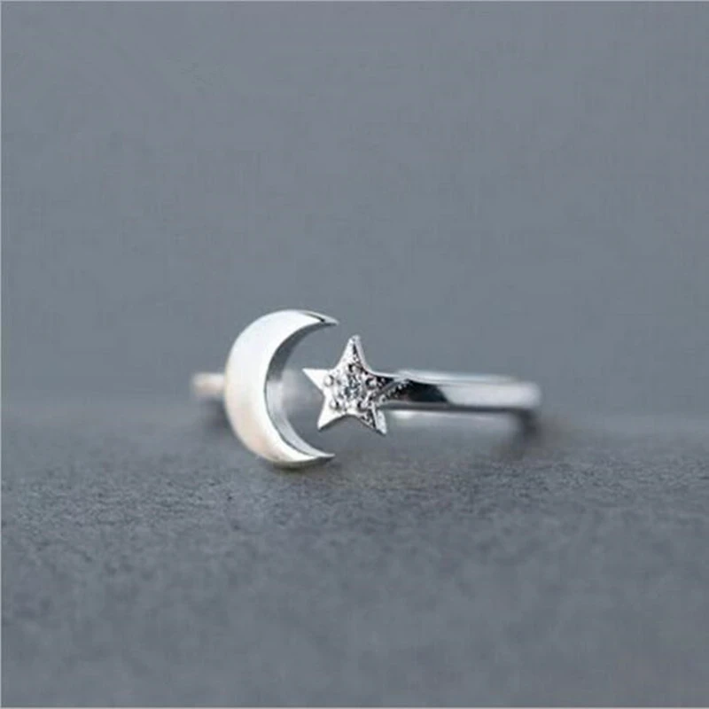 S925 Sterling Silver Korean Version Of Simple Fashion Star And Moon Micro Inlaid Ring