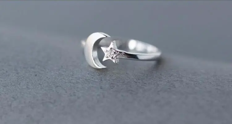 S925 Sterling Silver Korean Version Of Simple Fashion Star And Moon Micro Inlaid Ring
