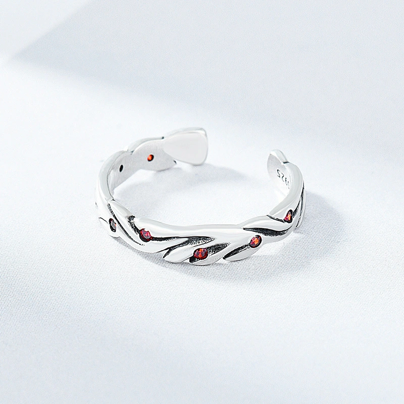Sterling Silver INS Wind Red Diamond Inlaid Texture Ring