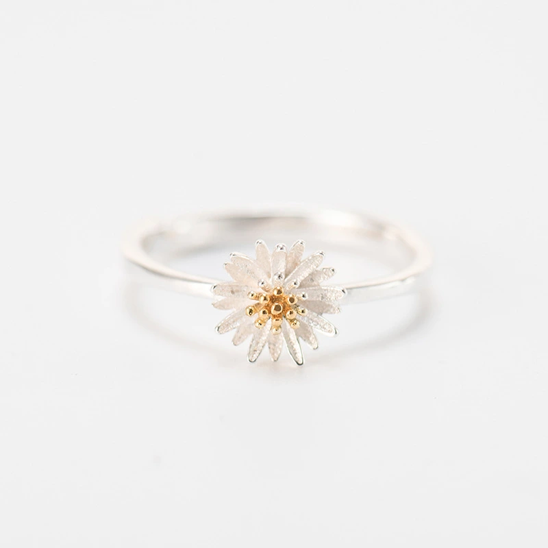 Simple Plain Silver Set Small Daisy Ring