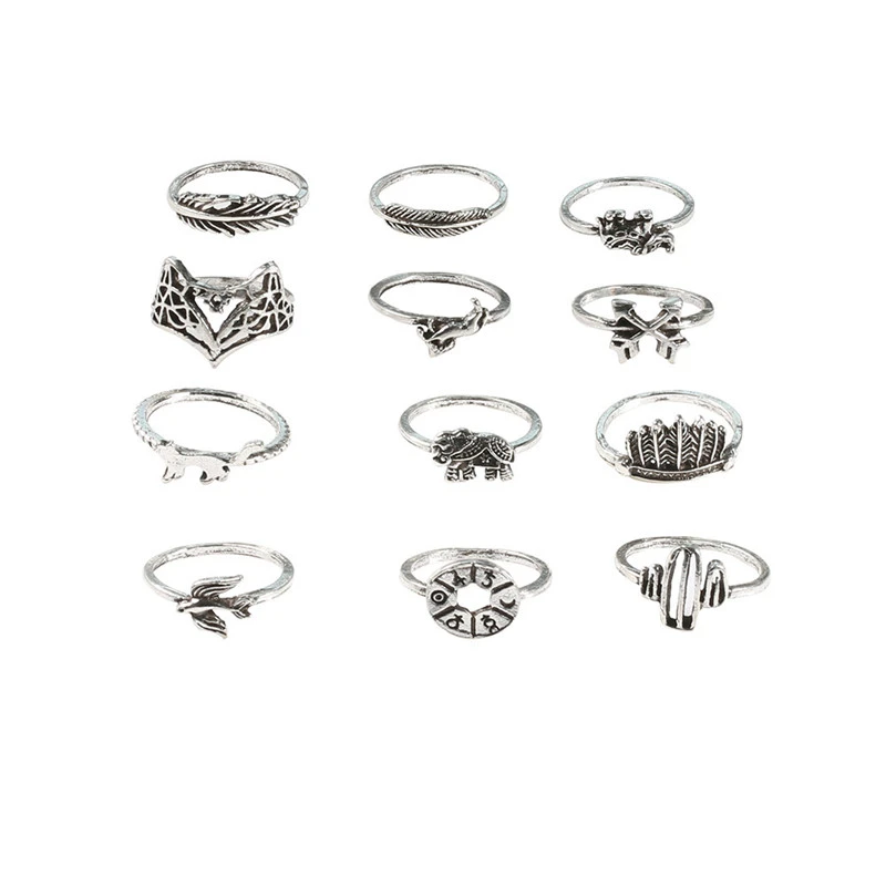 Retro Alloy Set Leaf Fox Elephant Ring 12 Pieces