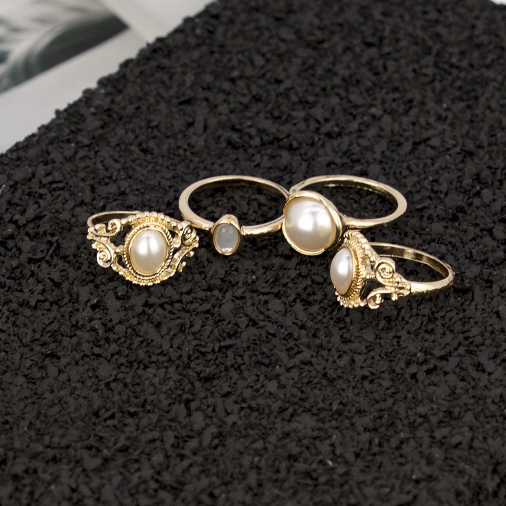 Pearl Ring Set Four-Piece Metal Ring Women