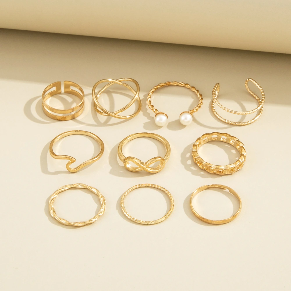 Ten-Piece Set Of Geometric Pearl Wave Ring All-match