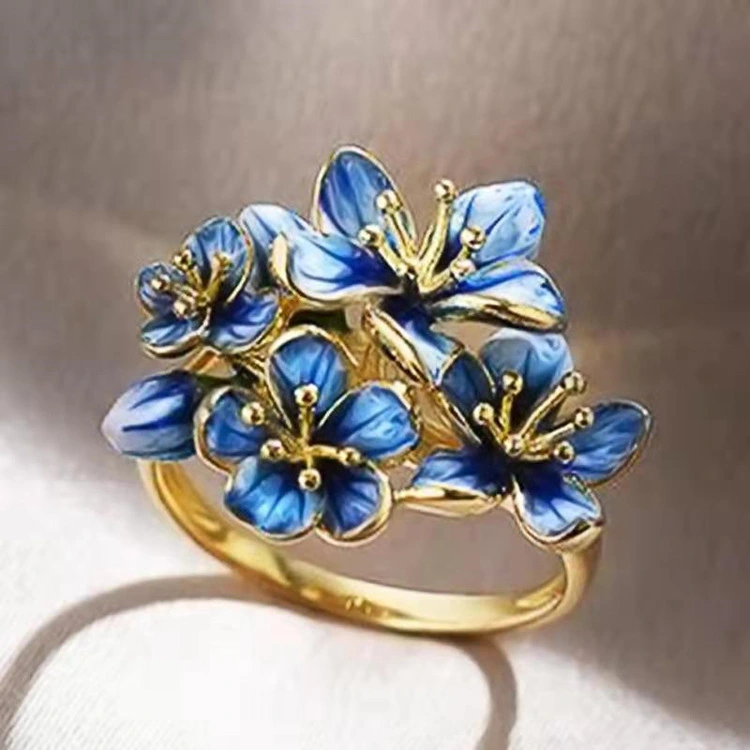 Blooming Flower Golden Blue Interlaced Fashion Ring Fashion Jewelry