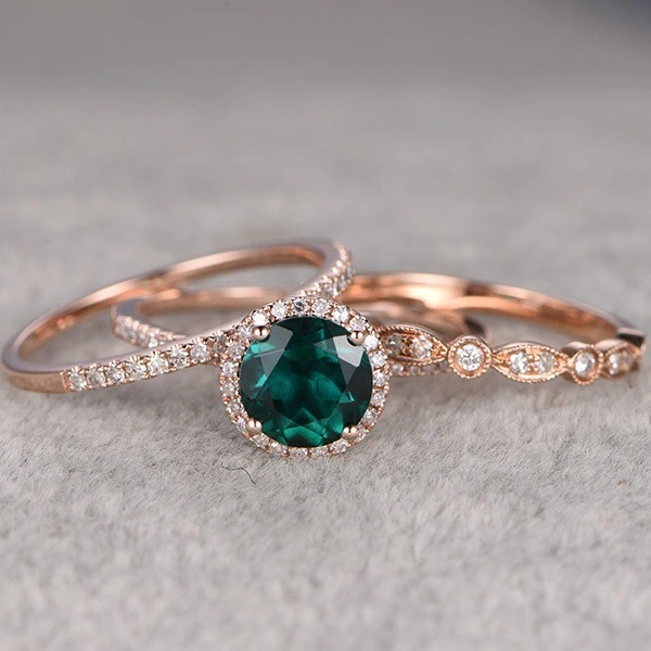 New Product 14k Rose Gold Three-piece Ring With Micro Inlaid Emeralds European And American Engagement Jewelry