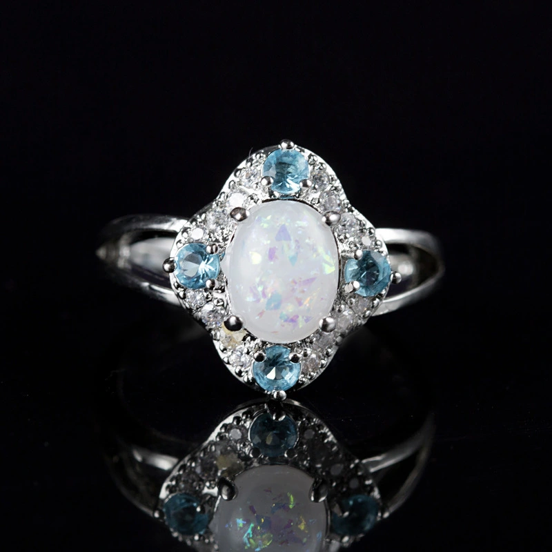 Fashion Inlaid Zircon Opal Diamond Light Blue Ring