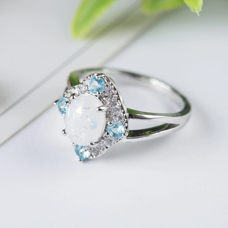 Fashion Inlaid Zircon Opal Diamond Light Blue Ring