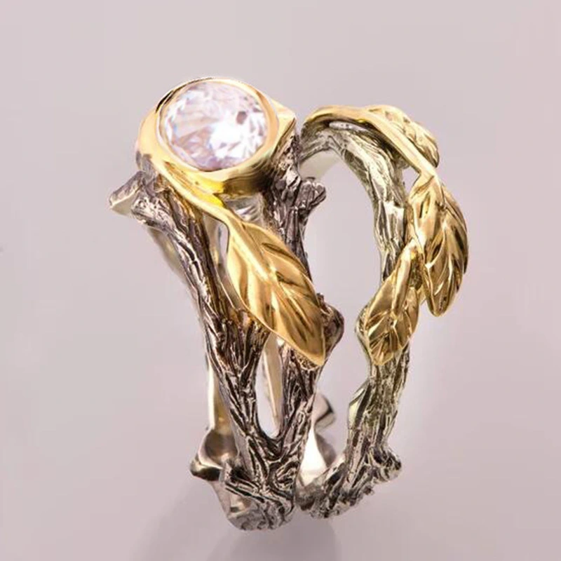 Gold-plated Color Separation Branch Ring Inlaid Zircon Ring European