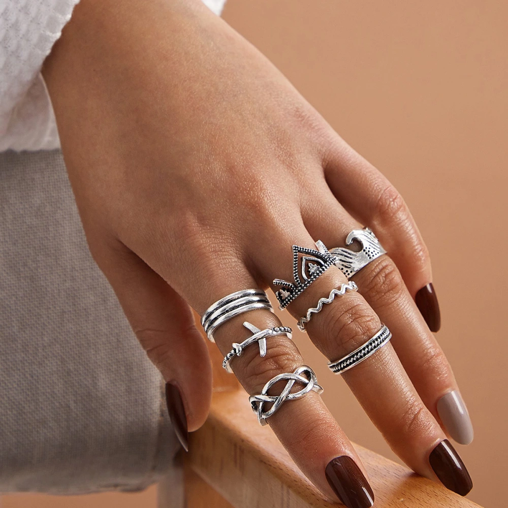 Personalized Combination Geometric Ring 7-piece Set Of Airplane Wave Crown Wave Pattern Ring