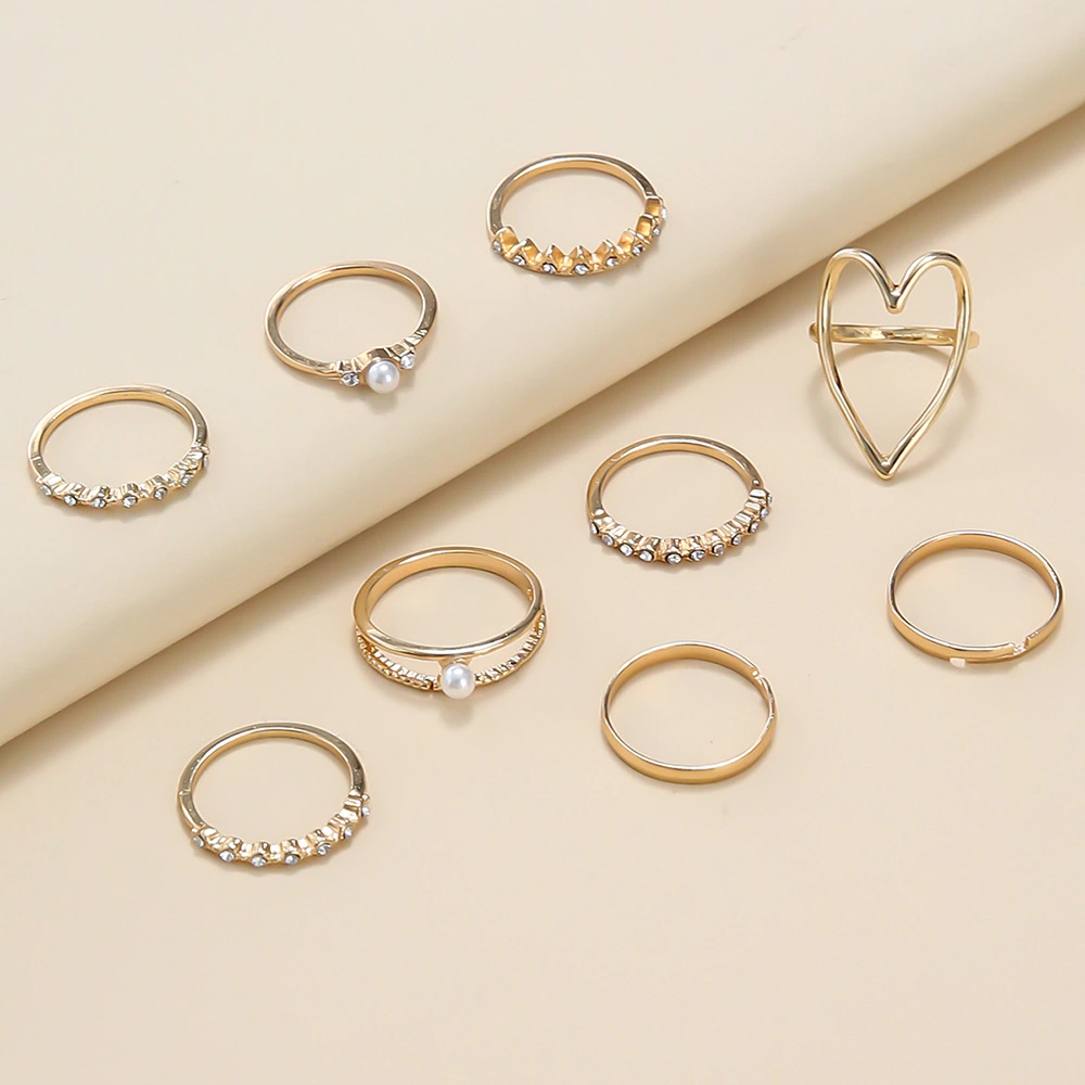 Pearl Ring Round Love Heart Hollow Full Diamond Ring 9 Piece Set