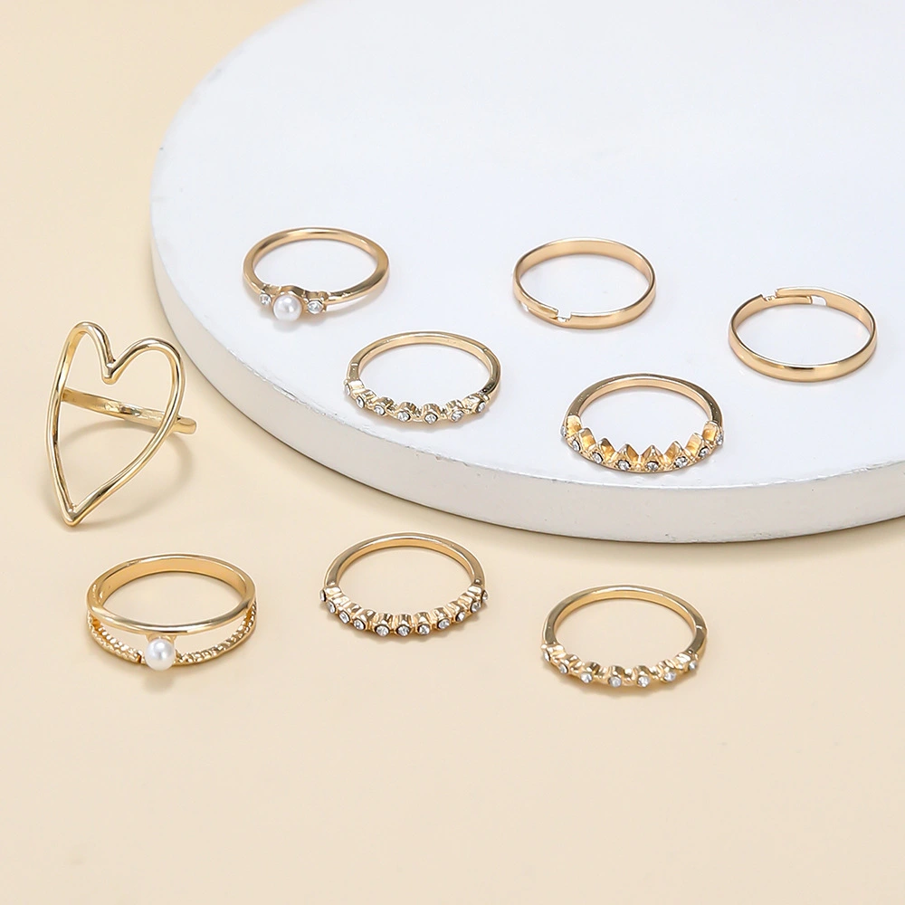 Pearl Ring Round Love Heart Hollow Full Diamond Ring 9 Piece Set