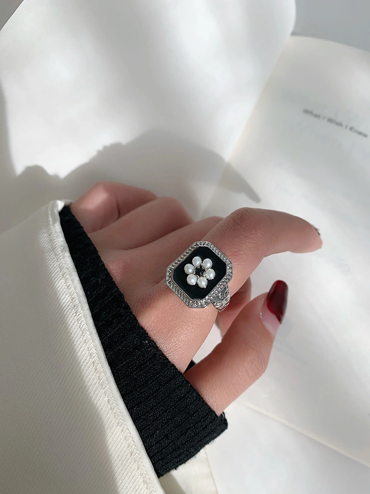 Index Finger Ring Retro Flower Black Personality Light Luxury Fashion Square