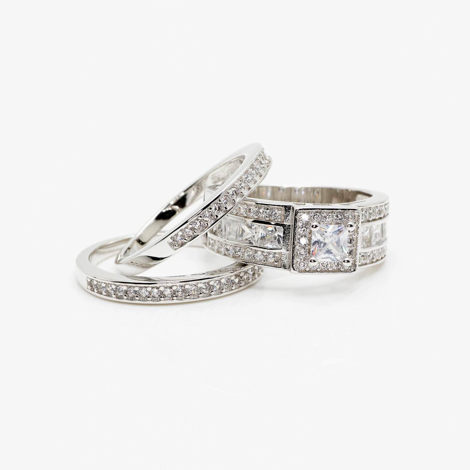 Topaz Zircon Wax Inlaid Platinum-plated Three-piece Ring Couple Ring Wedding Engagement Ring