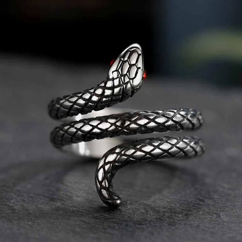 Red Eyed Cobra Python Snake Shaped Titanium Steel Ring