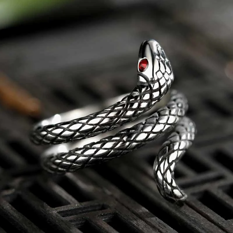 Red Eyed Cobra Python Snake Shaped Titanium Steel Ring