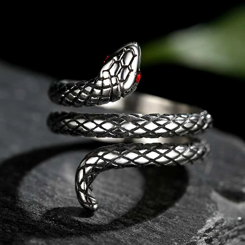 Red Eyed Cobra Python Snake Shaped Titanium Steel Ring
