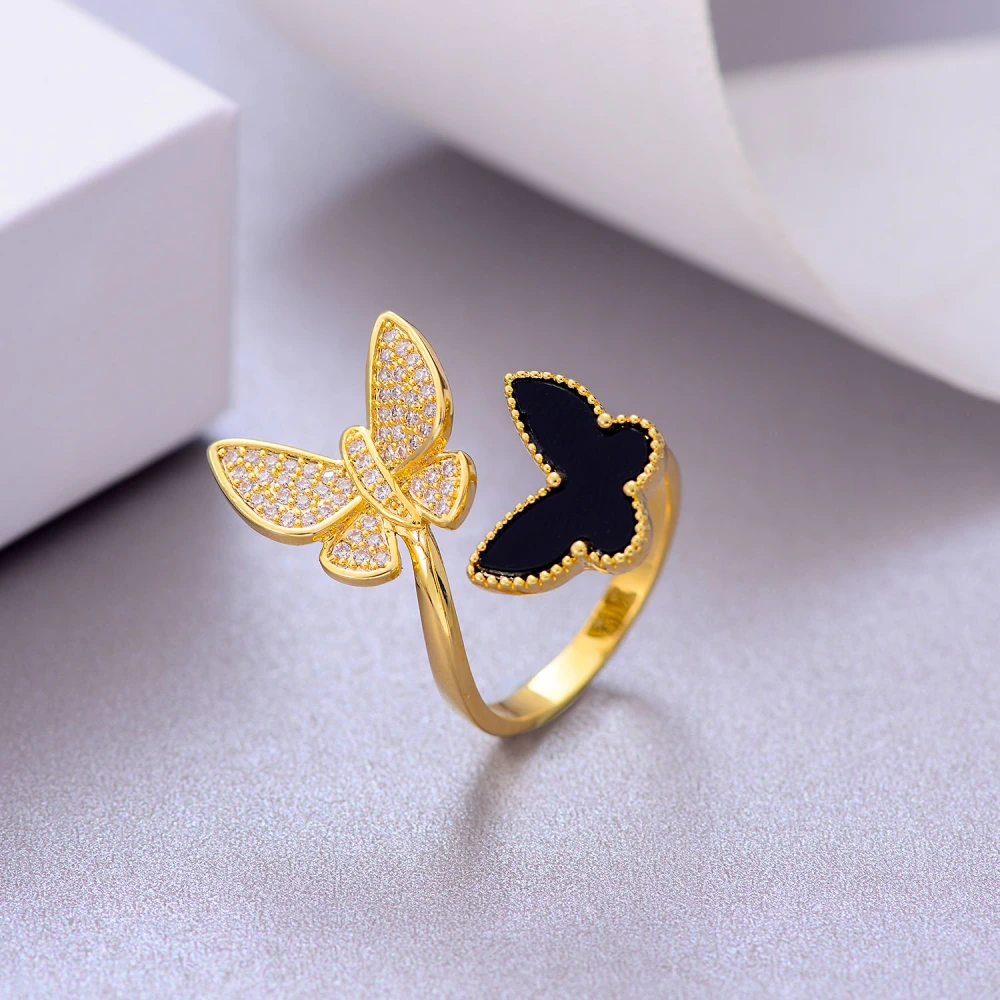 Korean Version Of Black And Red Butterfly  Ring Inlaid With Zircon Is Popular